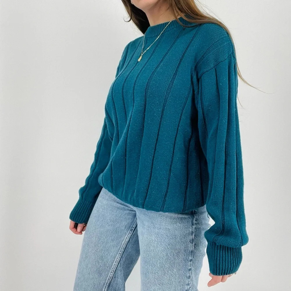 vintage retro slouchy ribbed ramie cotton blend crewneck sweater turquoise blue - Picture 3 of 6
